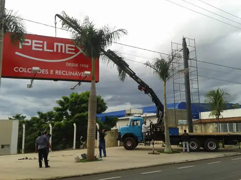 Painel vermelho da Pelmex sendo erguido por caminhão com guindaste, entre palmeiras